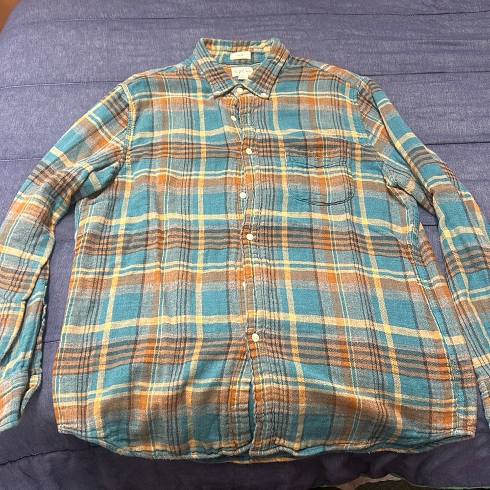 J. Crew Broken-in cotton oxford button down shirt. Slim fit. Med. Blue & brown